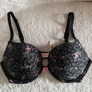 34D push-up black leopard floral